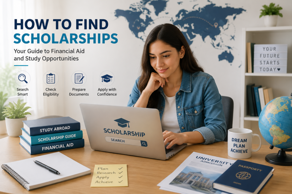 Student searching for scholarships and study opportunities online